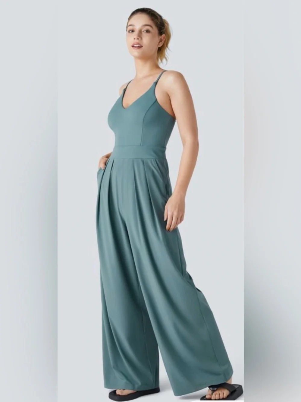 Halara Breezeful Wide Leg Jumpsuit L Blue Green 4-Way Stretch Pockets Coastal - Picture 3 of 11